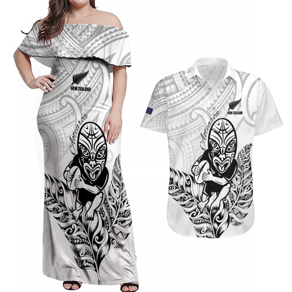New Zealand Silver Fern Rugby Custom Couples Matching Off Shoulder Maxi Dress and Hawaiian Shirt Maori Tiki White Version