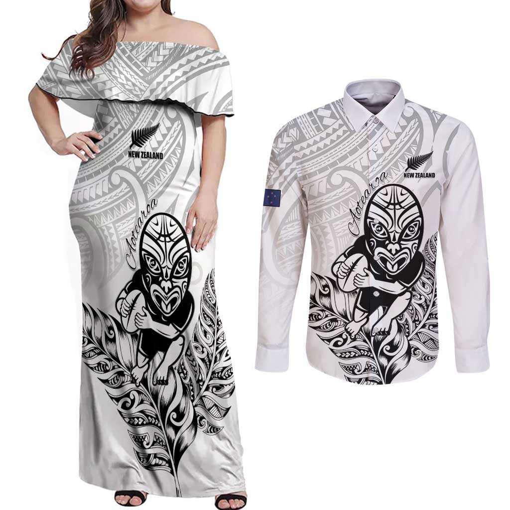 New Zealand Silver Fern Rugby Custom Couples Matching Off Shoulder Maxi Dress and Long Sleeve Button Shirt Maori Tiki White Version