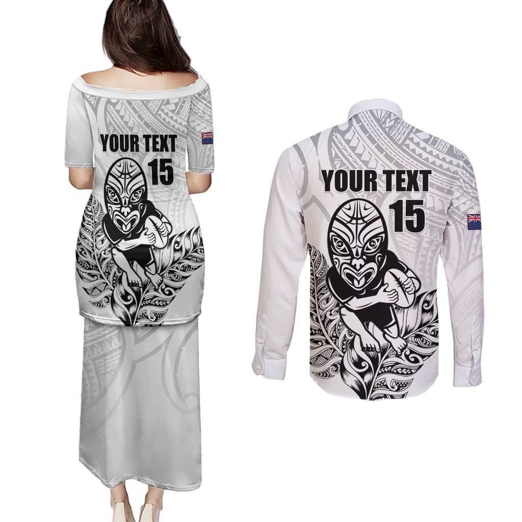 New Zealand Silver Fern Rugby Custom Couples Matching Puletasi and Long Sleeve Button Shirt Maori Tiki White Version