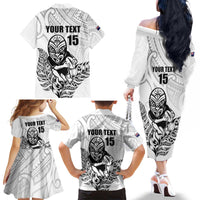 New Zealand Silver Fern Rugby Custom Family Matching Off The Shoulder Long Sleeve Dress and Hawaiian Shirt Maori Tiki White Version