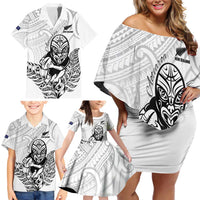 New Zealand Silver Fern Rugby Custom Family Matching Off Shoulder Short Dress and Hawaiian Shirt Maori Tiki White Version