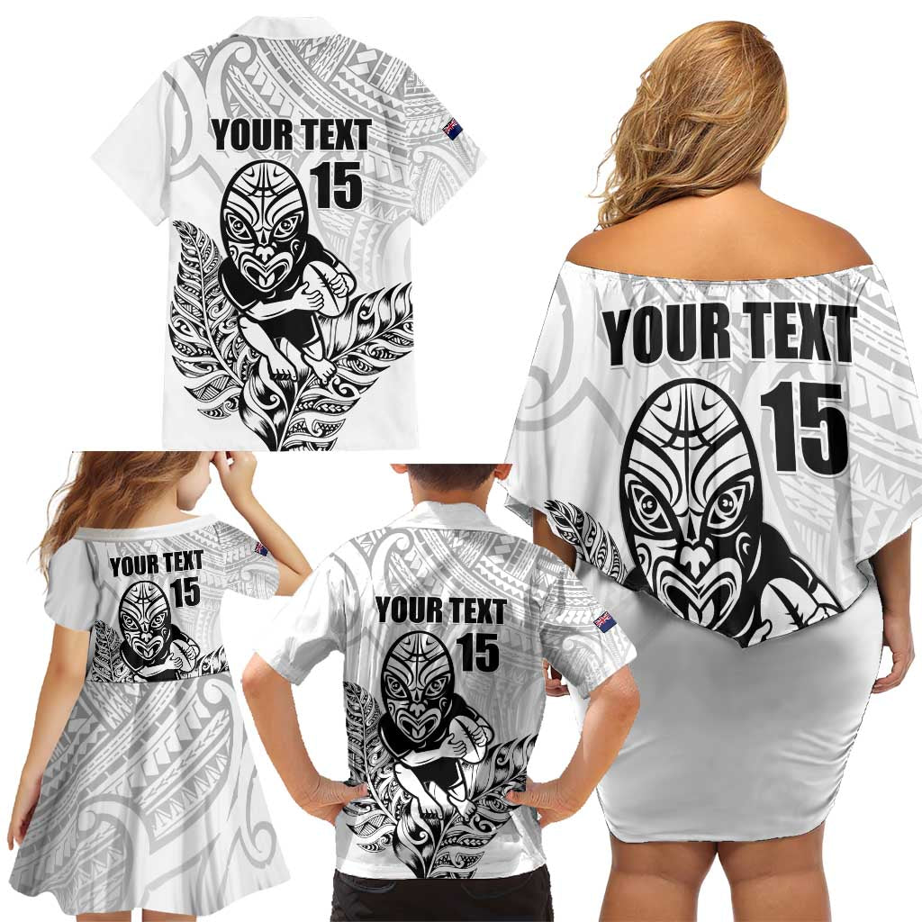 New Zealand Silver Fern Rugby Custom Family Matching Off Shoulder Short Dress and Hawaiian Shirt Maori Tiki White Version