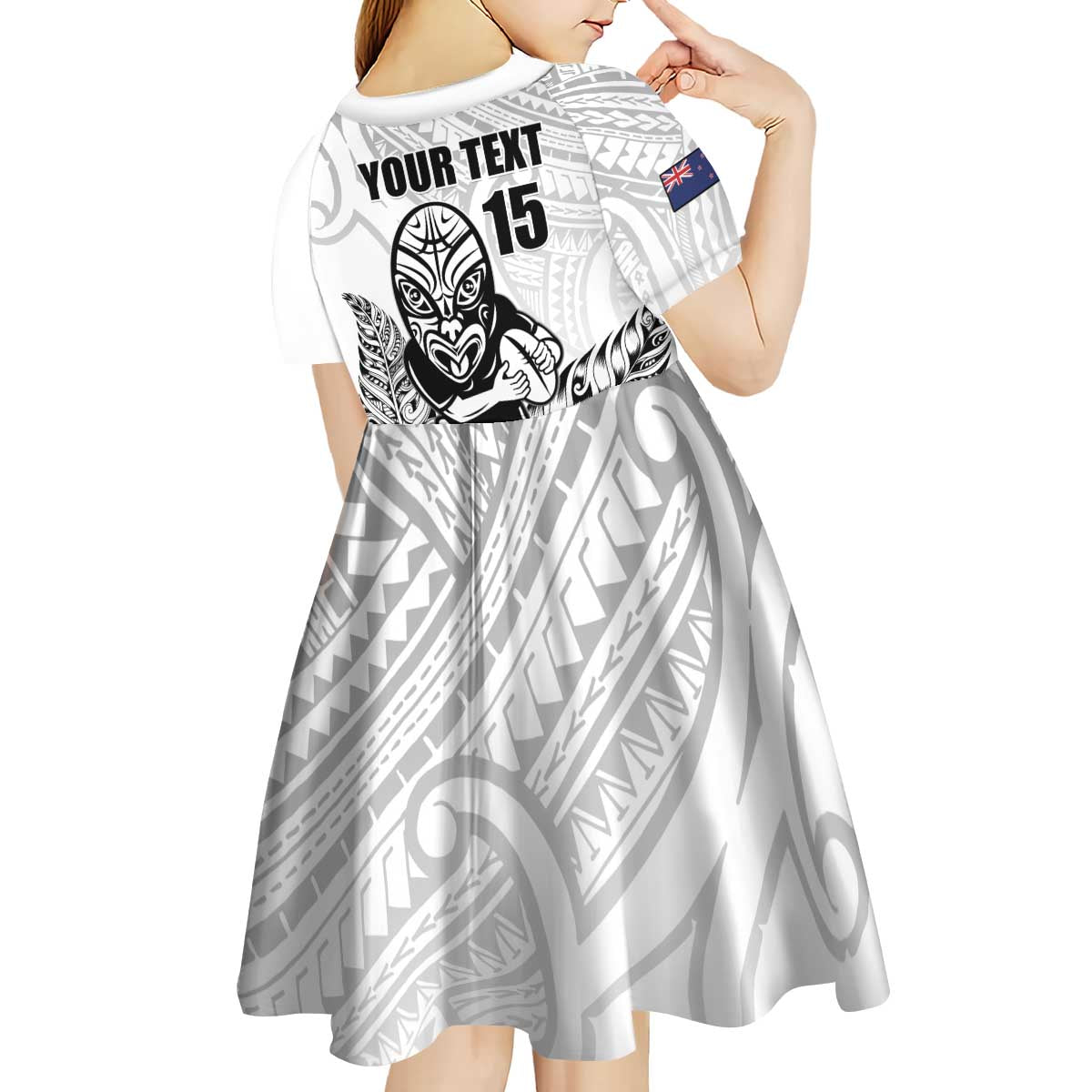 New Zealand Silver Fern Rugby Custom Kid Short Sleeve Dress Maori Tiki White Version
