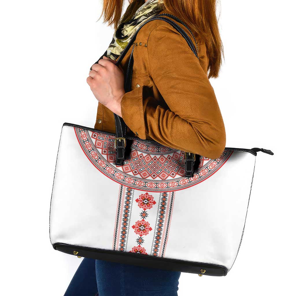 Bulgarian Embroidery Style Seamless Pattern Leather Tote Bag