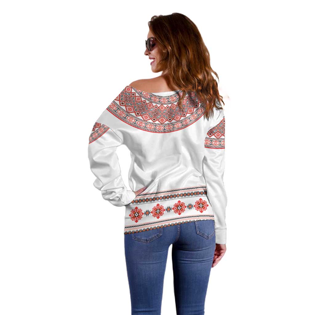 Bulgarian Embroidery Style Seamless Pattern Off Shoulder Sweater