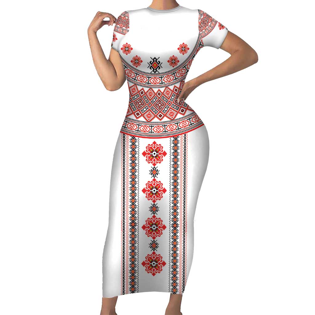 Bulgarian Embroidery Style Seamless Pattern Short Sleeve Bodycon Dress