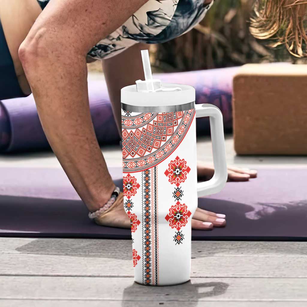 Bulgarian Embroidery Style Seamless Pattern Tumbler With Handle