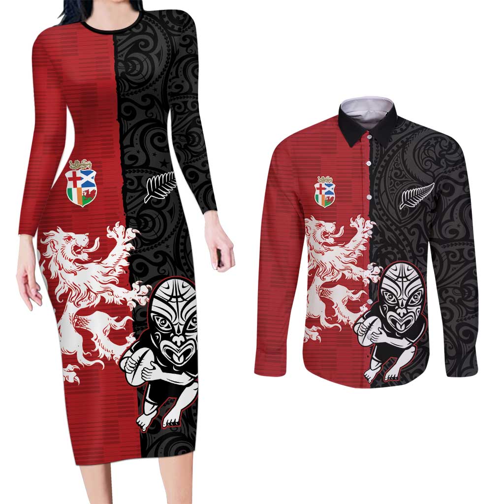 Custom British Lions New Zealand Couples Matching Long Sleeve Bodycon Dress and Long Sleeve Button Shirt Unique Style LT18 Red - Polynesian Pride