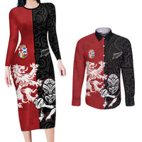Custom British Lions New Zealand Couples Matching Long Sleeve Bodycon Dress and Long Sleeve Button Shirt Unique Style LT18 Red - Polynesian Pride