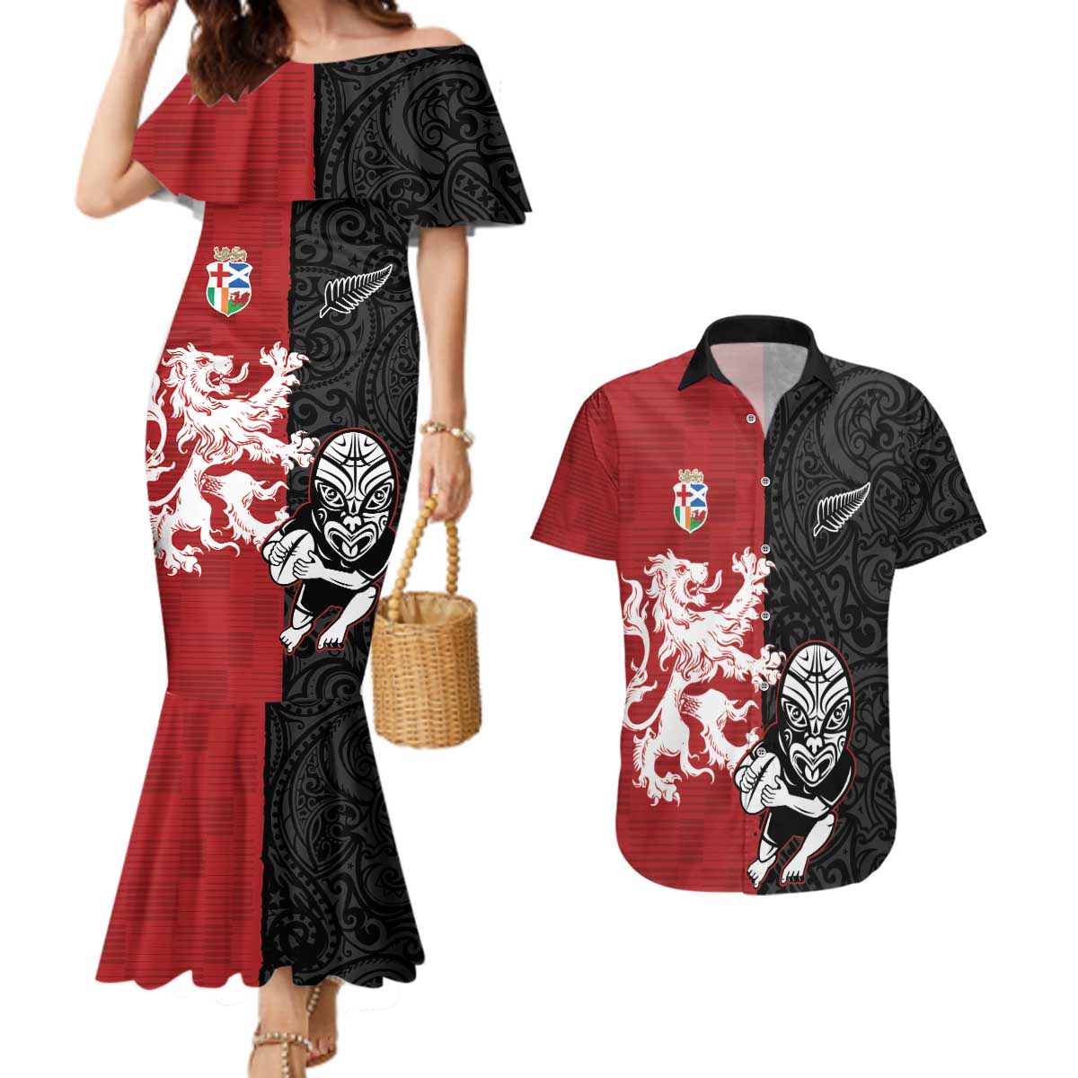 Custom British Lions New Zealand Couples Matching Mermaid Dress and Hawaiian Shirt Unique Style LT18 Red - Polynesian Pride