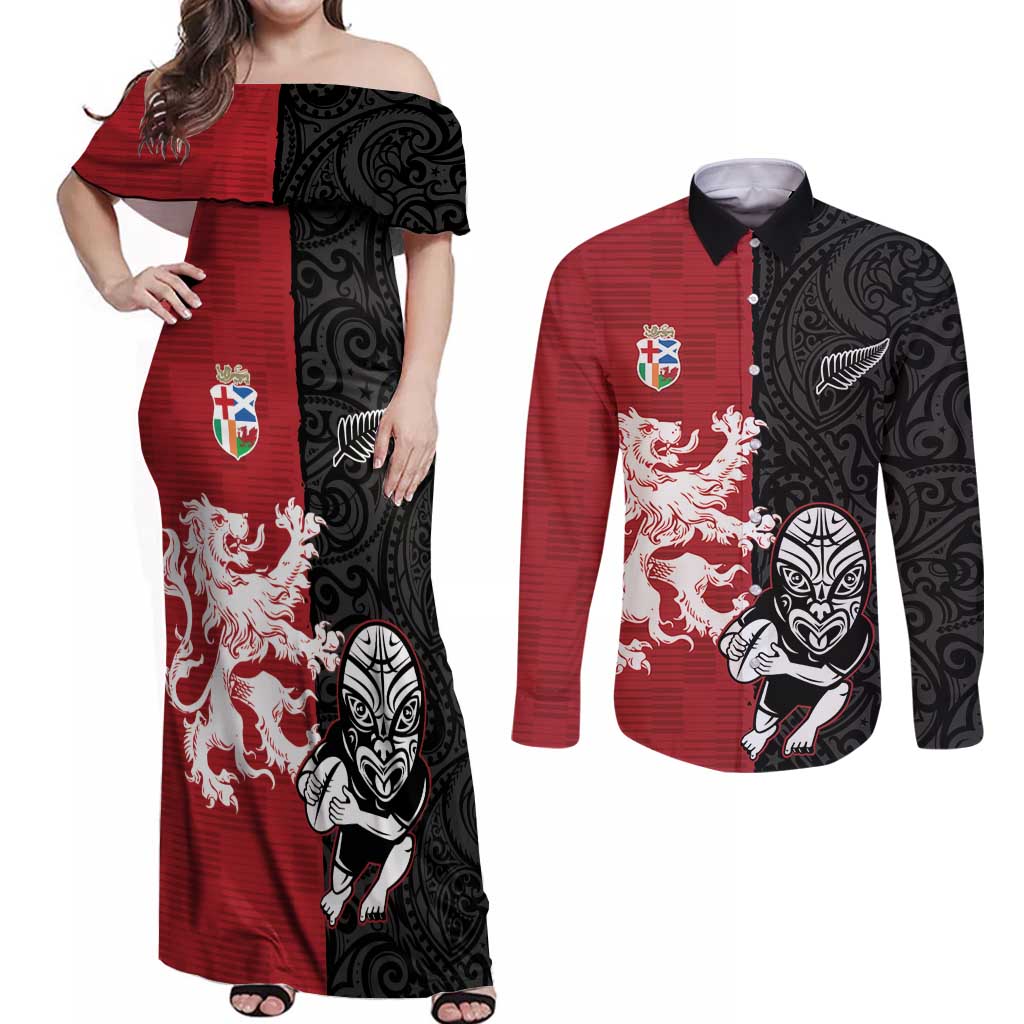 Custom British Lions New Zealand Couples Matching Off Shoulder Maxi Dress and Long Sleeve Button Shirt Unique Style - Polynesian Pride
