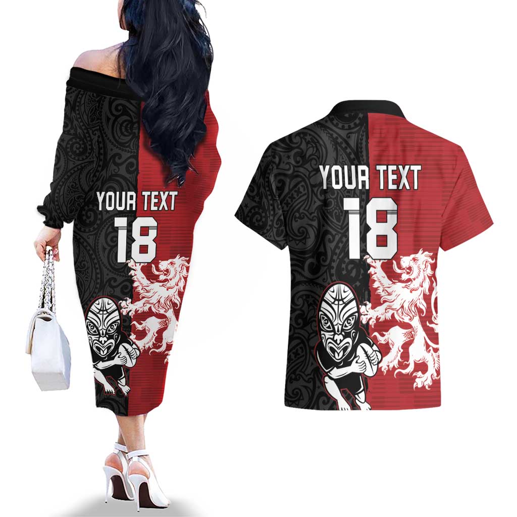 Custom British Lions New Zealand Couples Matching Off The Shoulder Long Sleeve Dress and Hawaiian Shirt Unique Style - Polynesian Pride