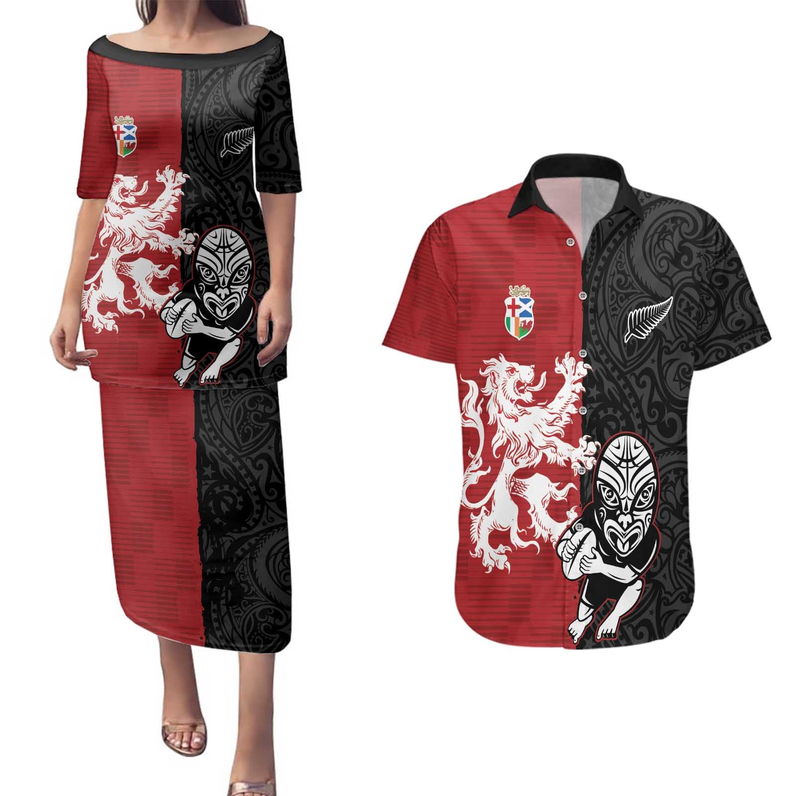 Custom British Lions New Zealand Couples Matching Puletasi and Hawaiian Shirt Unique Style LT18 Red - Polynesian Pride