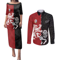 Custom British Lions New Zealand Couples Matching Puletasi and Long Sleeve Button Shirt Unique Style LT18 Red - Polynesian Pride