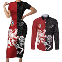 Custom British Lions New Zealand Couples Matching Short Sleeve Bodycon Dress and Long Sleeve Button Shirt Unique Style LT18 Red - Polynesian Pride