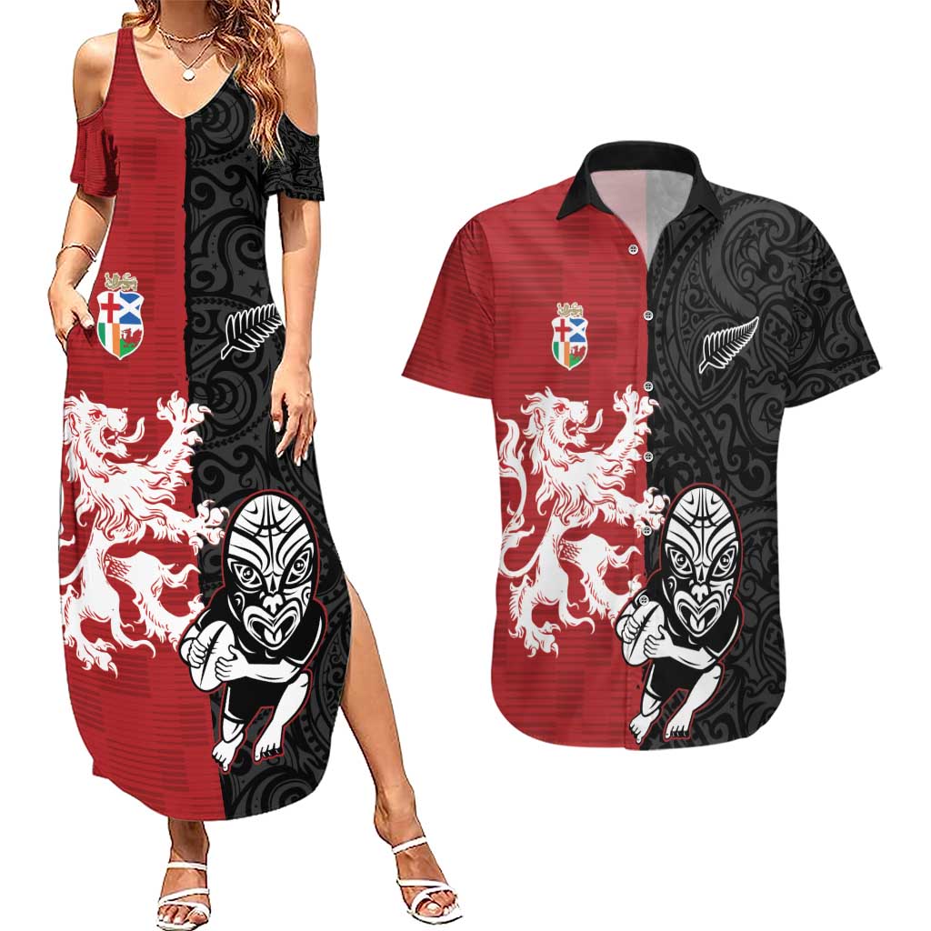 Custom British Lions New Zealand Couples Matching Summer Maxi Dress and Hawaiian Shirt Unique Style LT18 Red - Polynesian Pride