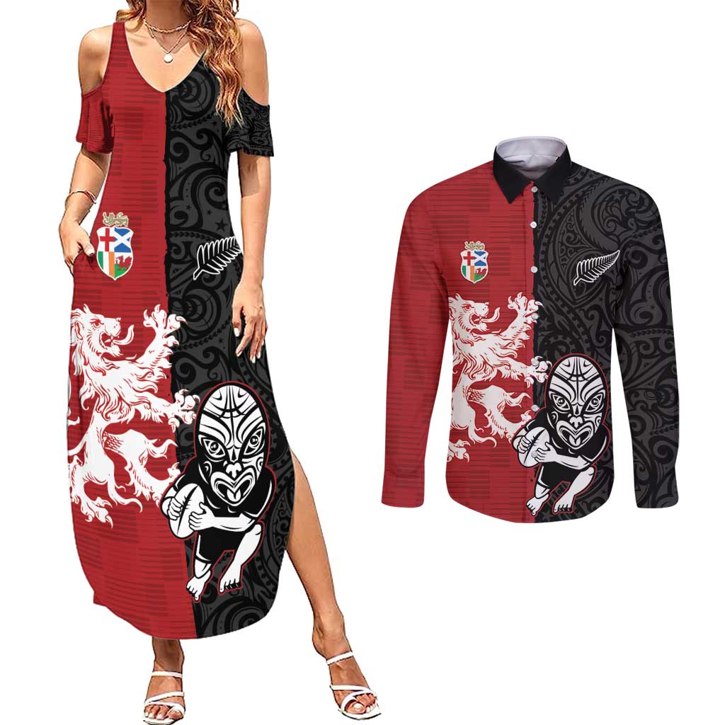 Custom British Lions New Zealand Couples Matching Summer Maxi Dress and Long Sleeve Button Shirt Unique Style LT18 Red - Polynesian Pride