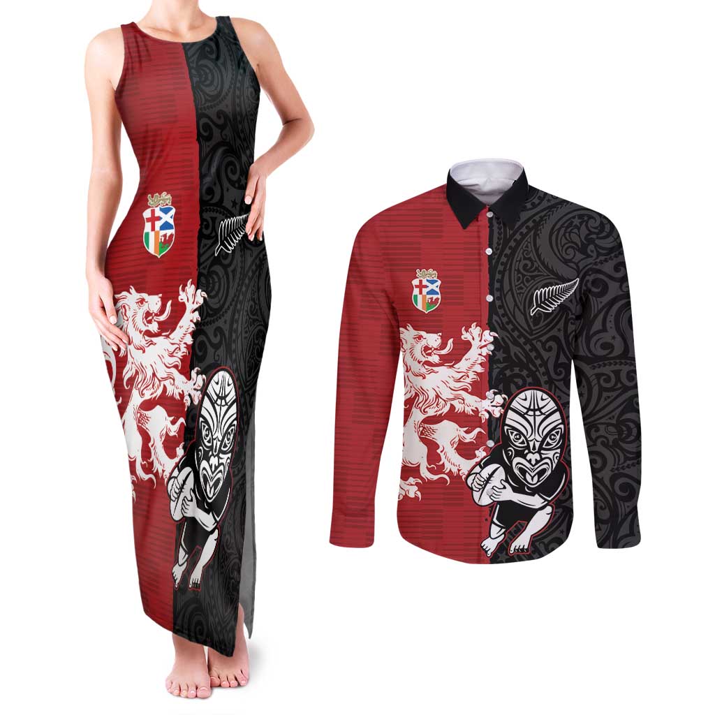 Custom British Lions New Zealand Couples Matching Tank Maxi Dress and Long Sleeve Button Shirt Unique Style LT18 Red - Polynesian Pride