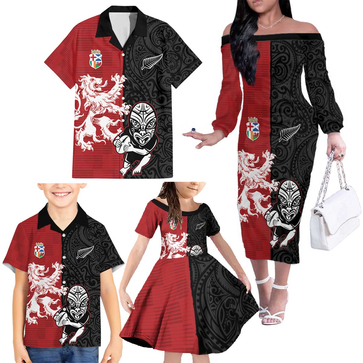 Custom British Lions New Zealand Family Matching Off The Shoulder Long Sleeve Dress and Hawaiian Shirt Unique Style LT18 - Polynesian Pride