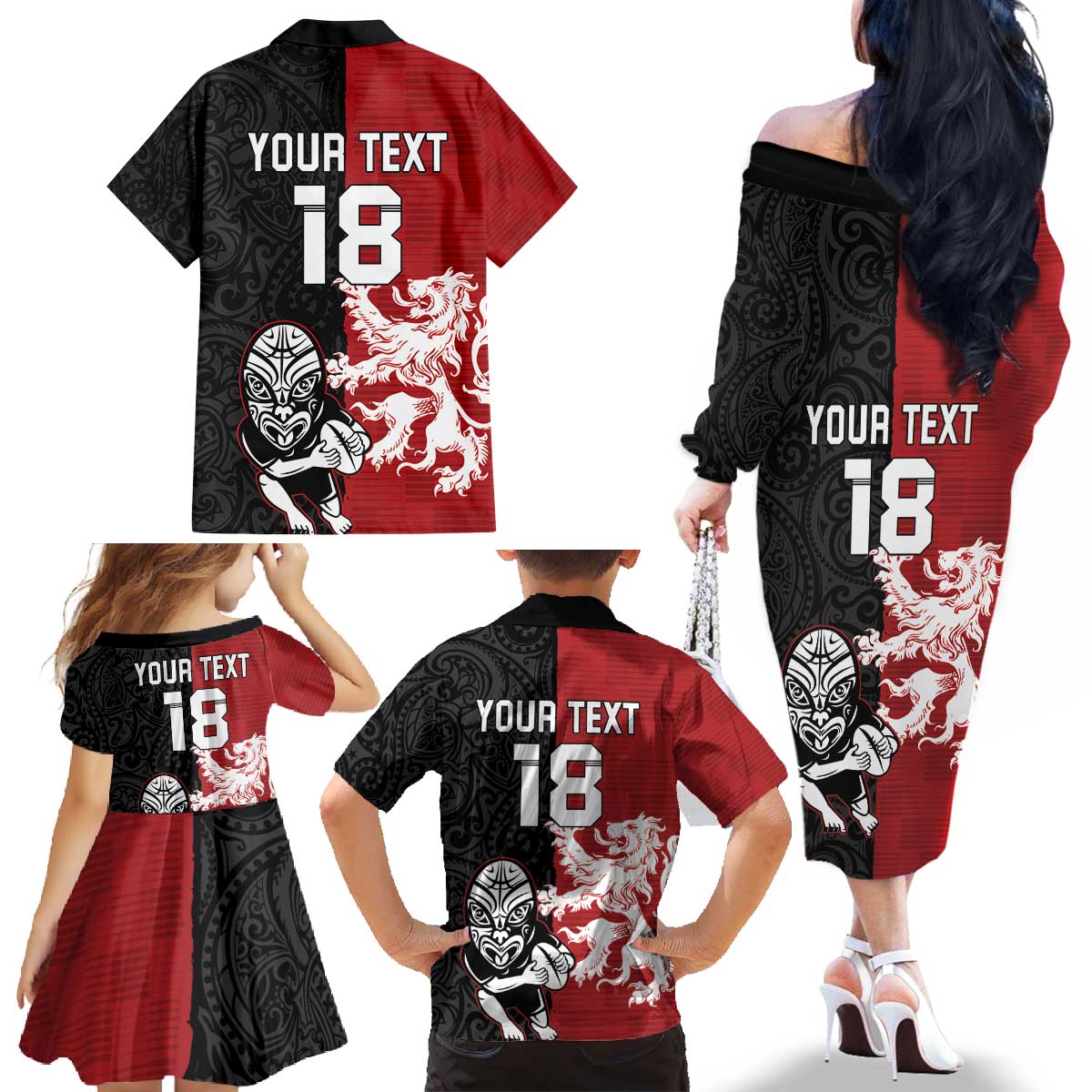 Custom British Lions New Zealand Family Matching Off The Shoulder Long Sleeve Dress and Hawaiian Shirt Unique Style - Polynesian Pride