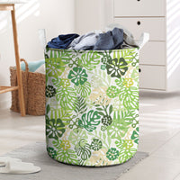 Green Aloha Hawaiian Laundry Basket Monstera Hibiscus Tropical Pattern