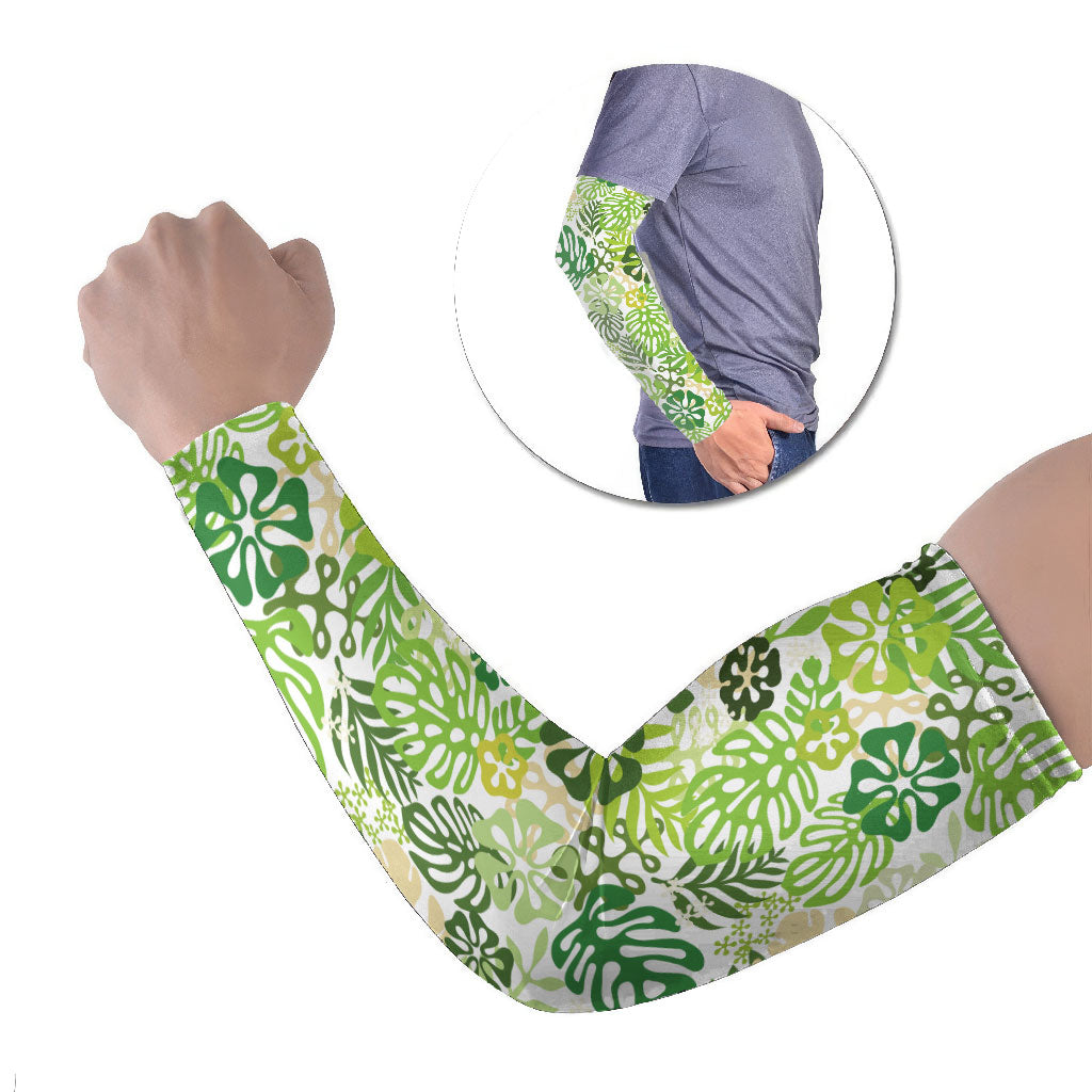 Green Aloha Hawaiian Arm Sleeves Monstera Hibiscus Tropical Pattern