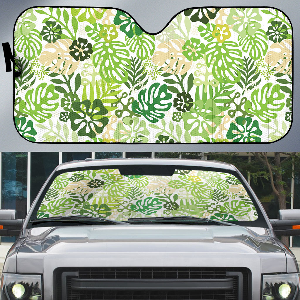 Green Aloha Hawaiian Auto Sun Shade Monstera Hibiscus Tropical Pattern