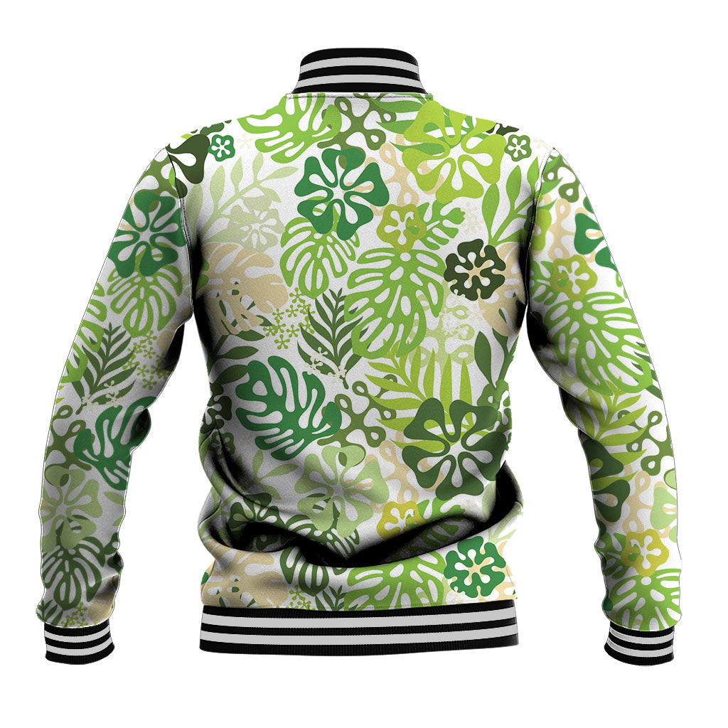 Green Aloha Hawaiian Baseball Jacket Monstera Hibiscus Tropical Pattern
