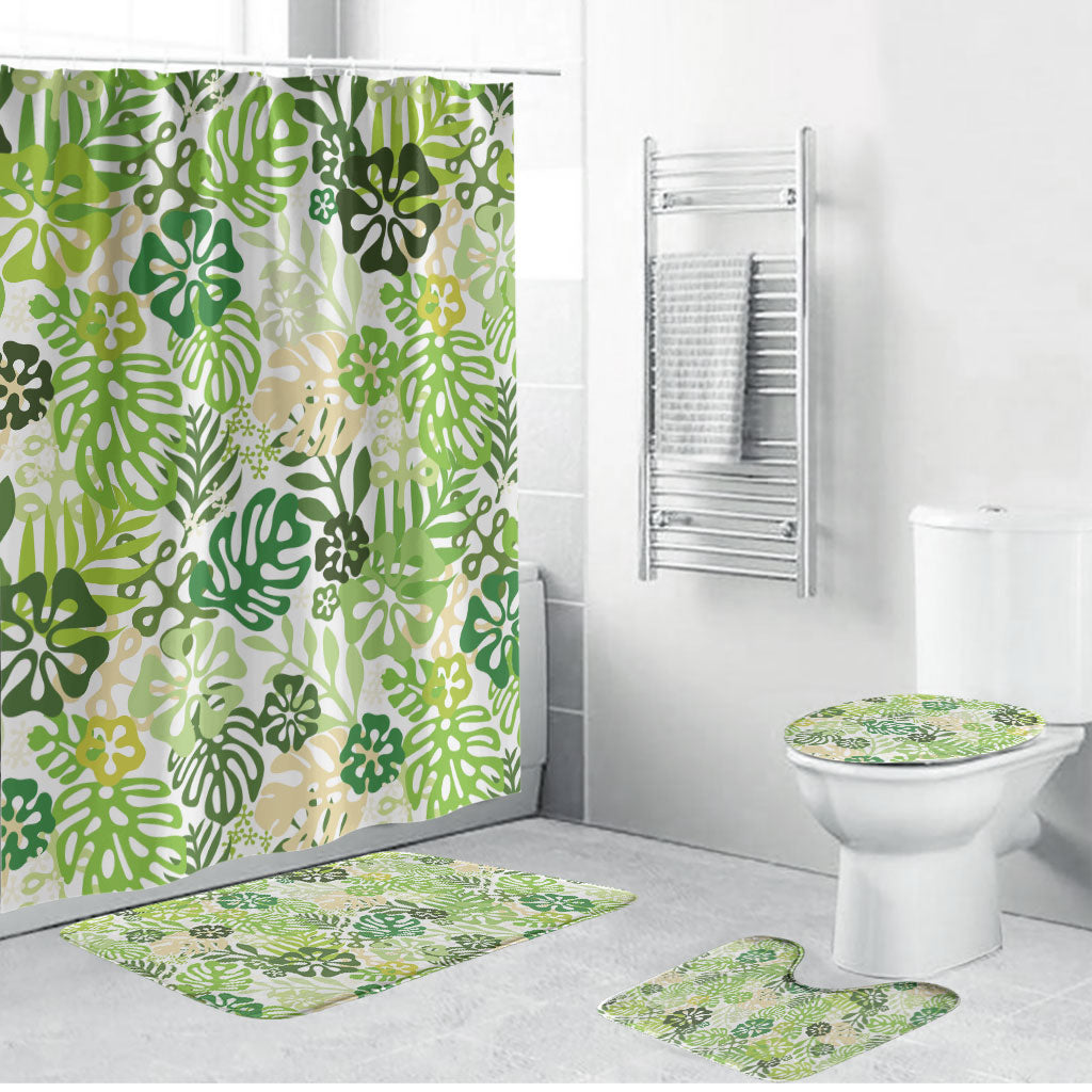 Green Aloha Hawaiian Bathroom Set Monstera Hibiscus Tropical Pattern LT19 Bathroom Set (4 pcs) Green - Polynesian Pride
