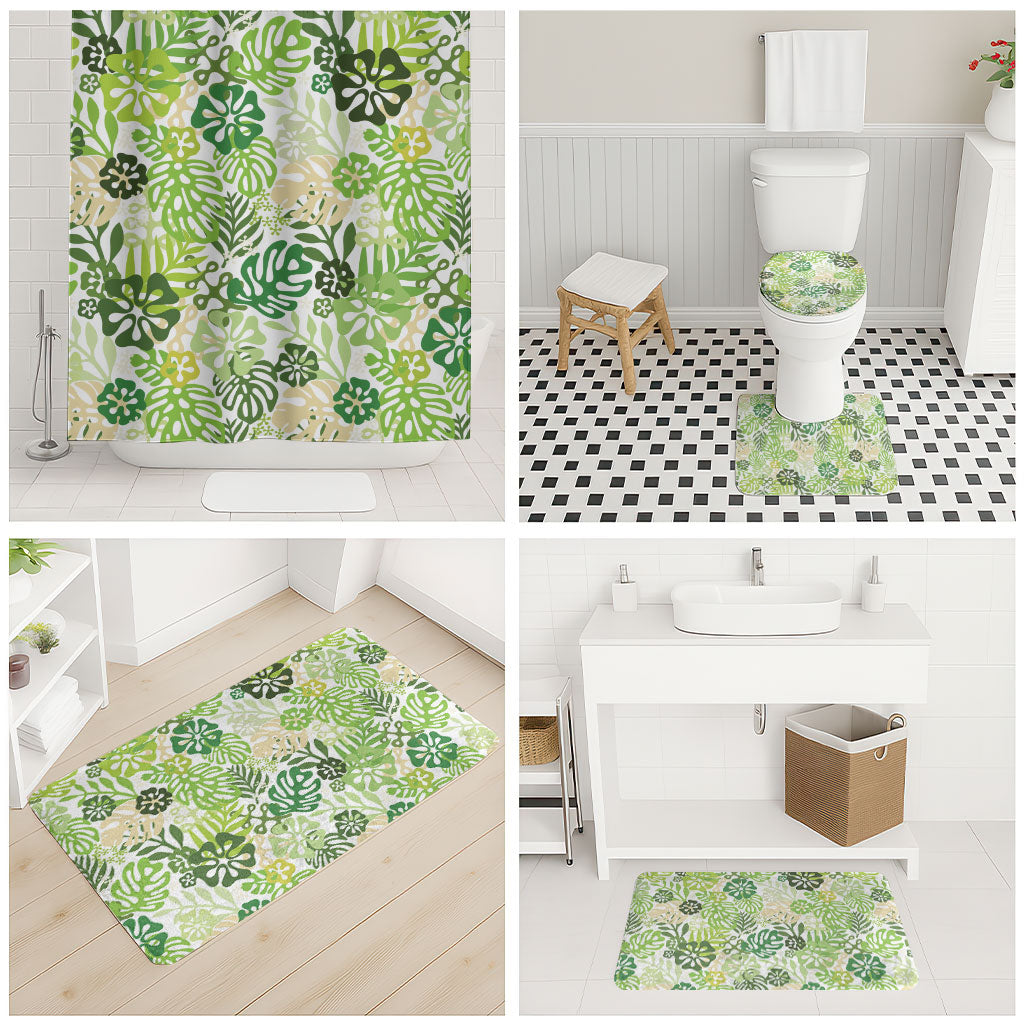 Green Aloha Hawaiian Bathroom Set Monstera Hibiscus Tropical Pattern