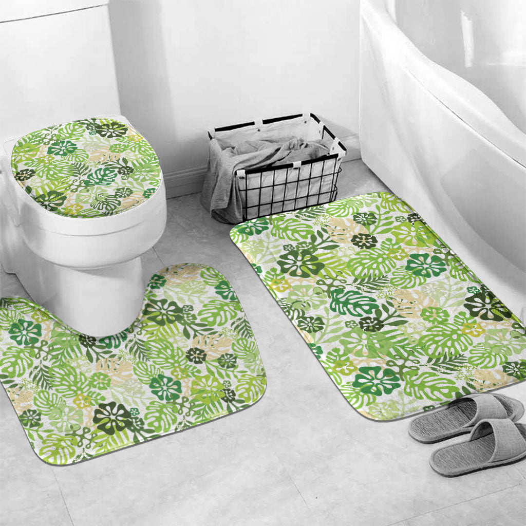 Green Aloha Hawaiian Bathroom Set Monstera Hibiscus Tropical Pattern