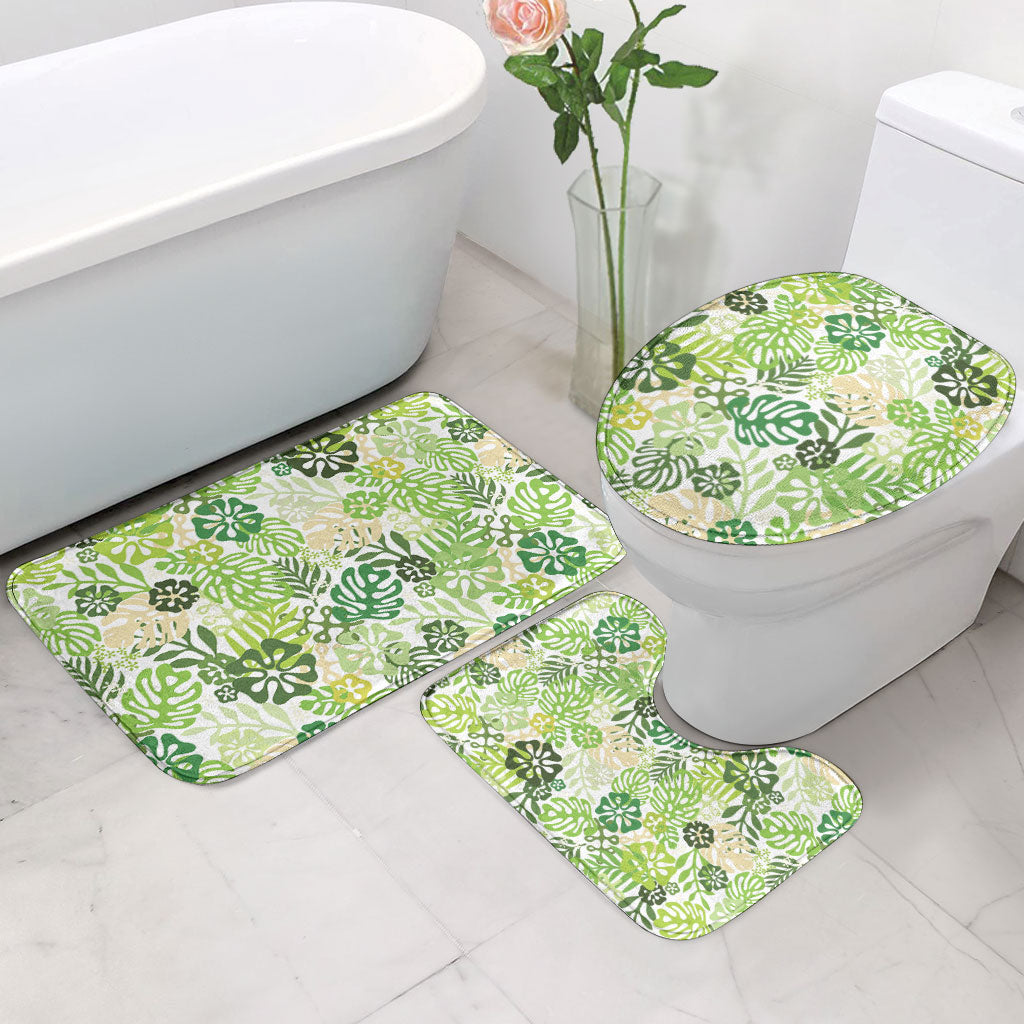 Green Aloha Hawaiian Bathroom Set Monstera Hibiscus Tropical Pattern