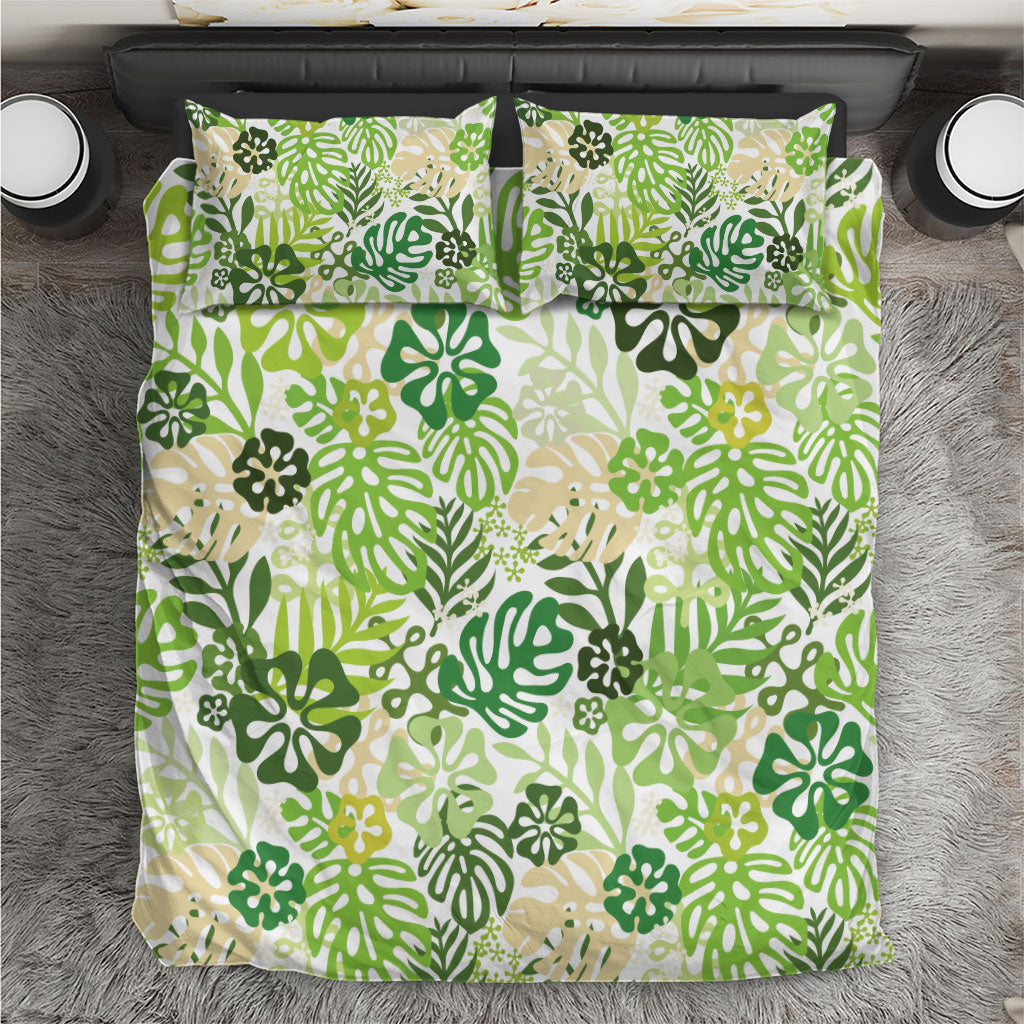 Green Aloha Hawaiian Bedding Set Monstera Hibiscus Tropical Pattern
