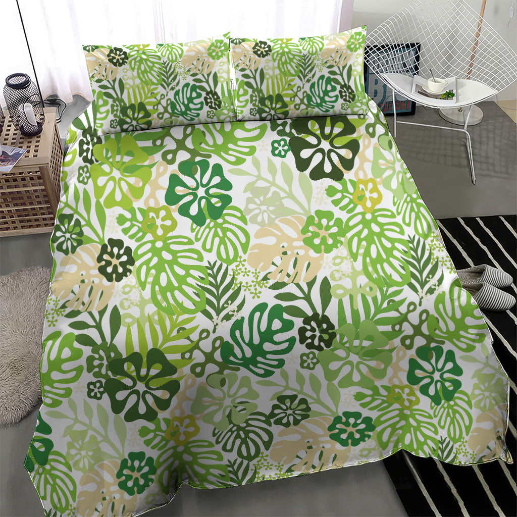 Green Aloha Hawaiian Bedding Set Monstera Hibiscus Tropical Pattern