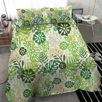 Green Aloha Hawaiian Bedding Set Monstera Hibiscus Tropical Pattern