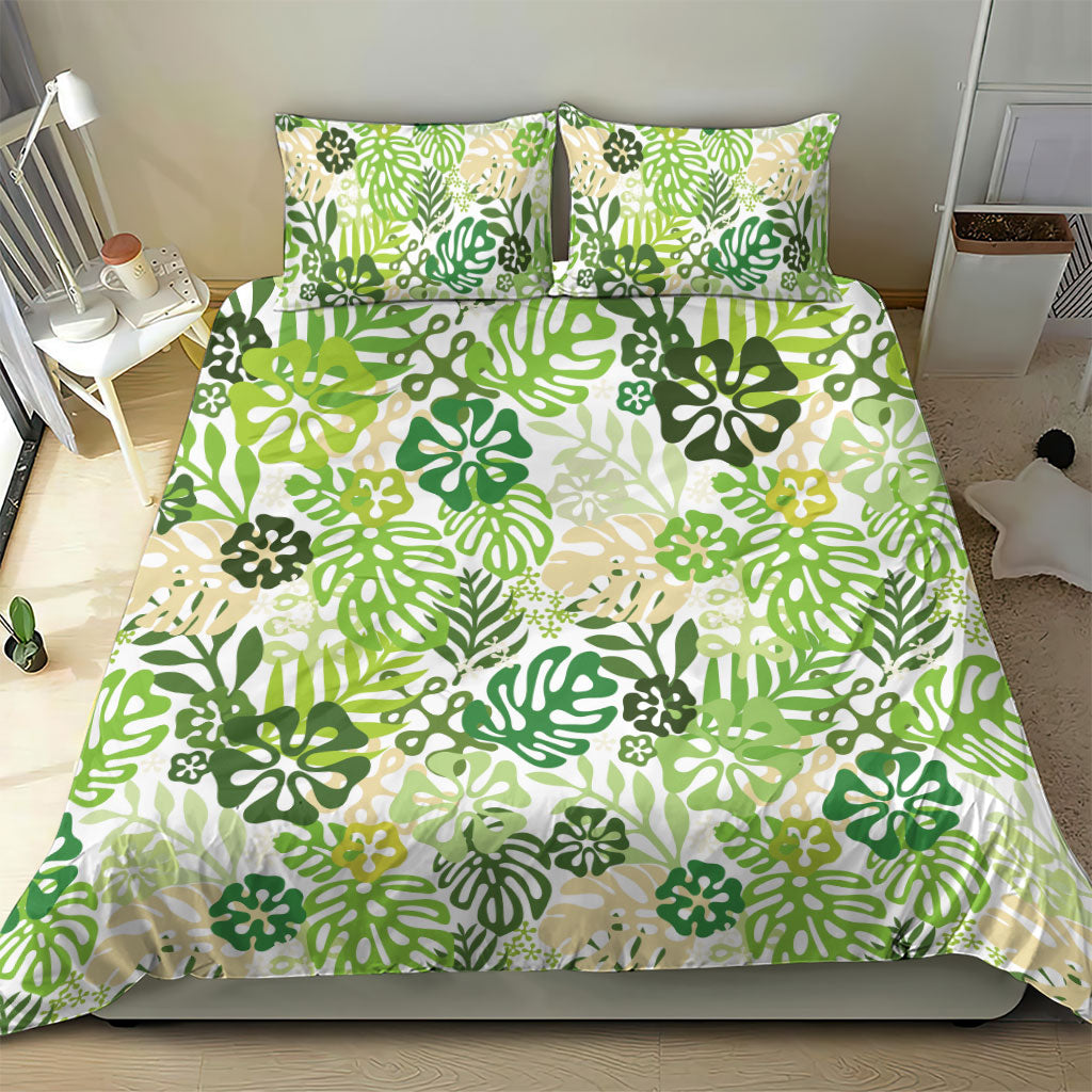 Green Aloha Hawaiian Bedding Set Monstera Hibiscus Tropical Pattern
