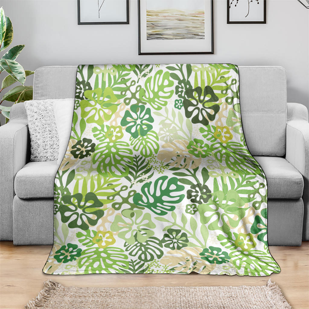 Green Aloha Hawaiian Blanket Monstera Hibiscus Tropical Pattern