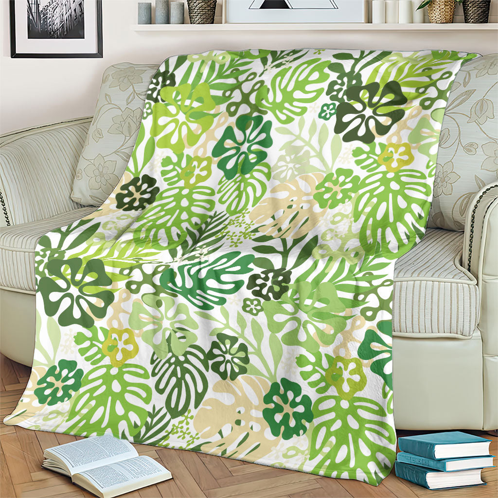 Green Aloha Hawaiian Blanket Monstera Hibiscus Tropical Pattern