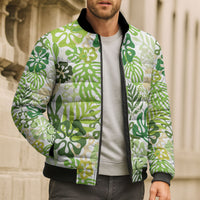 Green Aloha Hawaiian Bomber Puffer Jacket Monstera Hibiscus Tropical Pattern