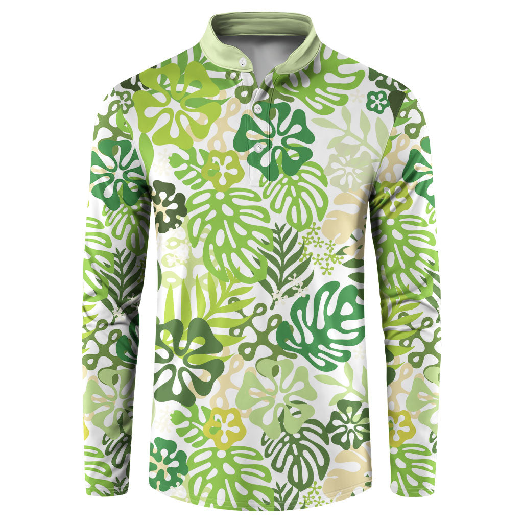 Green Aloha Hawaiian Button Sweatshirt Monstera Hibiscus Tropical Pattern