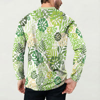 Green Aloha Hawaiian Button Sweatshirt Monstera Hibiscus Tropical Pattern