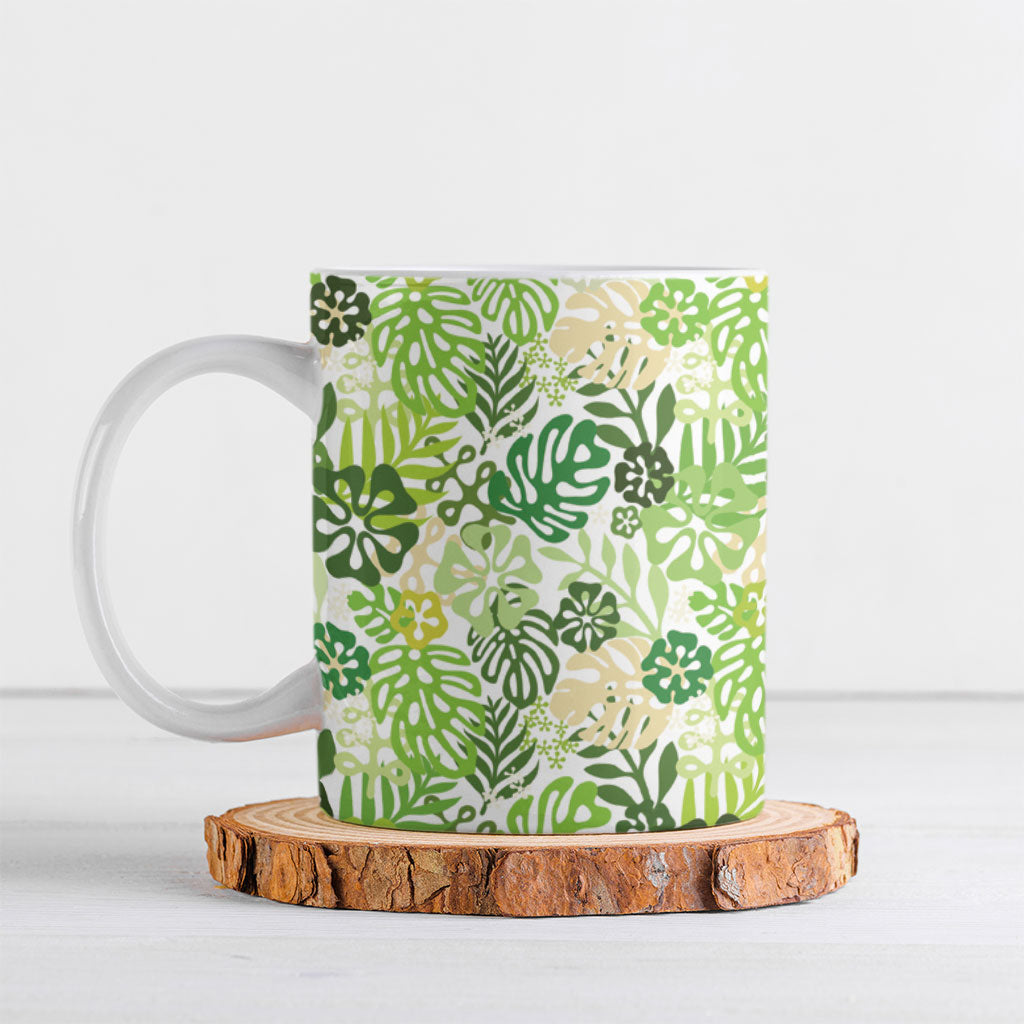 Green Aloha Hawaiian Ceramic Mug Monstera Hibiscus Tropical Pattern