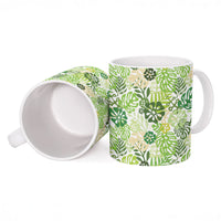 Green Aloha Hawaiian Ceramic Mug Monstera Hibiscus Tropical Pattern