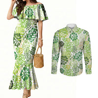 Green Aloha Hawaiian Couples Matching Mermaid Dress and Long Sleeve Button Shirt Monstera Hibiscus Tropical Pattern