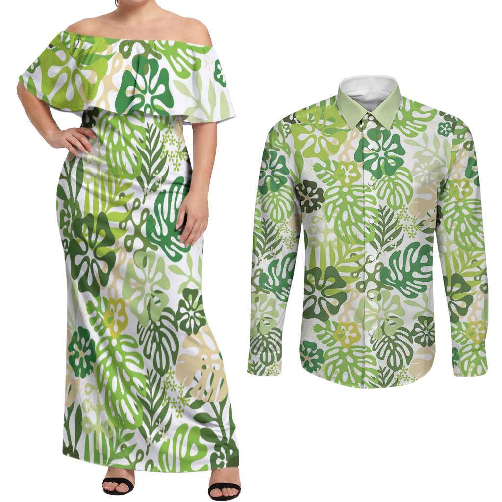 Green Aloha Hawaiian Couples Matching Off Shoulder Maxi Dress and Long Sleeve Button Shirt Monstera Hibiscus Tropical Pattern