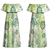 Green Aloha Hawaiian Couples Matching Off Shoulder Maxi Dress and Long Sleeve Button Shirt Monstera Hibiscus Tropical Pattern