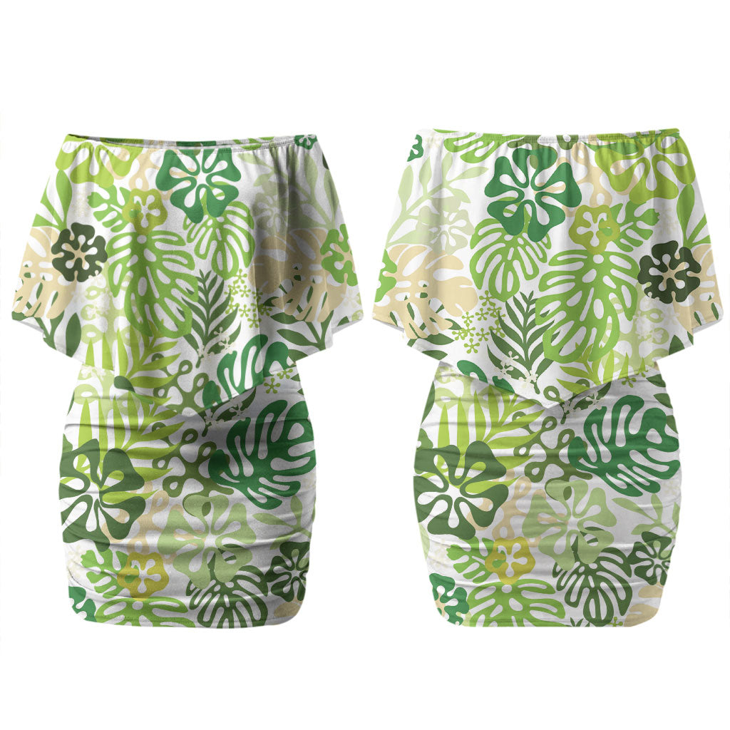 Green Aloha Hawaiian Couples Matching Off Shoulder Short Dress and Hawaiian Shirt Monstera Hibiscus Tropical Pattern