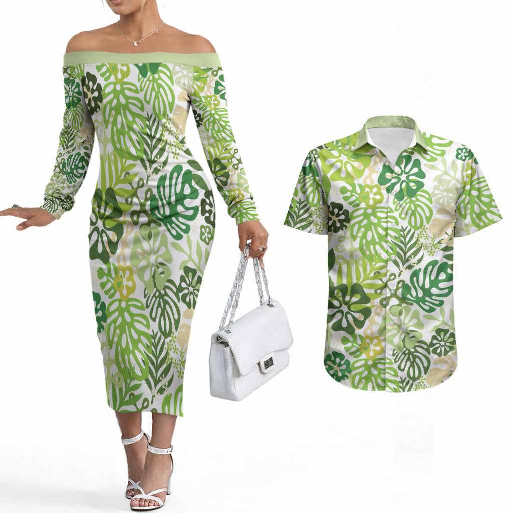 Green Aloha Hawaiian Couples Matching Off The Shoulder Long Sleeve Dress and Hawaiian Shirt Monstera Hibiscus Tropical Pattern LT19 Green - Polynesian Pride