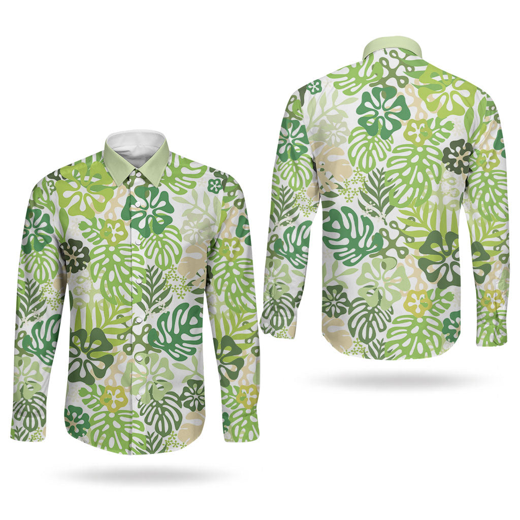 Green Aloha Hawaiian Couples Matching Off The Shoulder Long Sleeve Dress and Long Sleeve Button Shirt Monstera Hibiscus Tropical Pattern