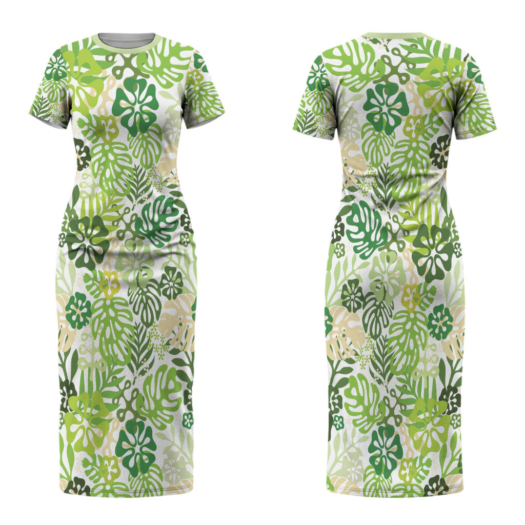 Green Aloha Hawaiian Couples Matching Short Sleeve Bodycon Dress and Hawaiian Shirt Monstera Hibiscus Tropical Pattern